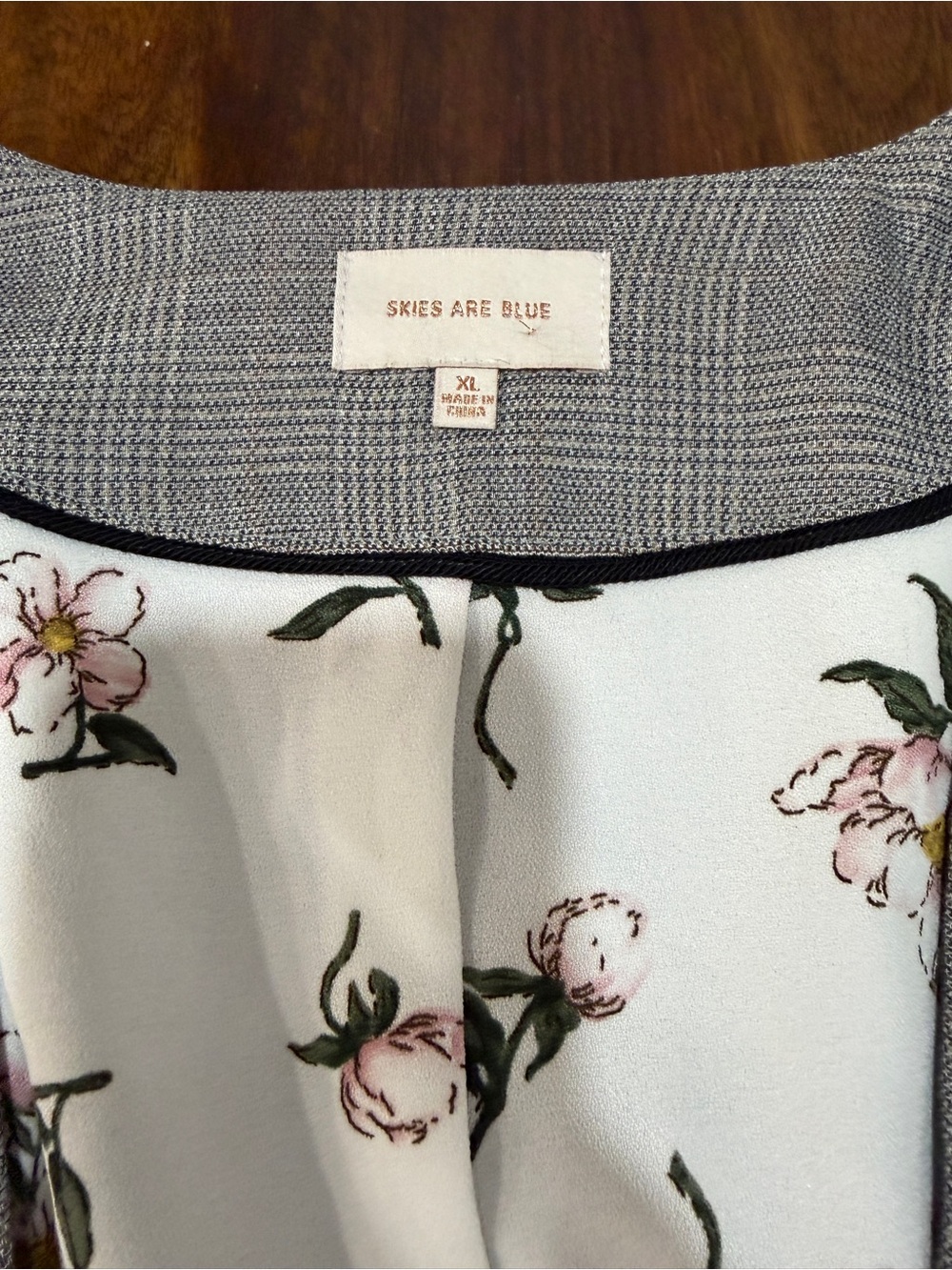 Skies Are Blue Gray Windowpane Plaid Blazer XL 3/4 Sleeve Floral Lining - Picture 2 of 11
